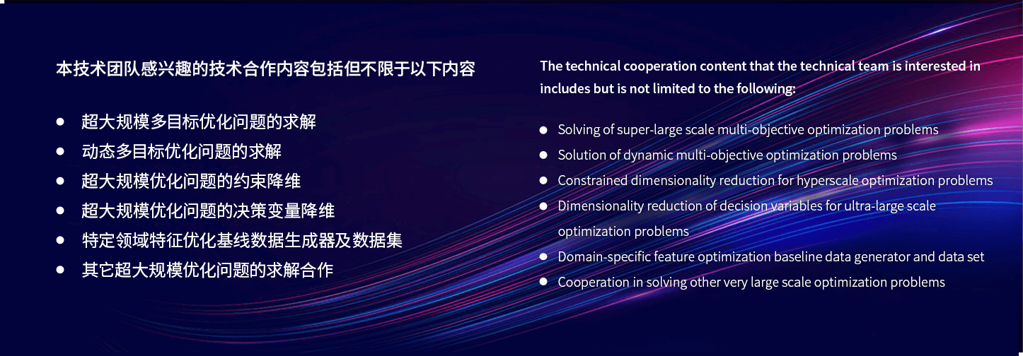 清华大学计算机系智能优化团队，合作内容：超大规模多目标优化问题的求解、动态多目标优化问题的求解、超大规模优化问题的约束降维、超大规模优化问题的决策变量降维、特定领域特征优化基线数据生成器及数据集、其它超大规模优化问题的求解合作